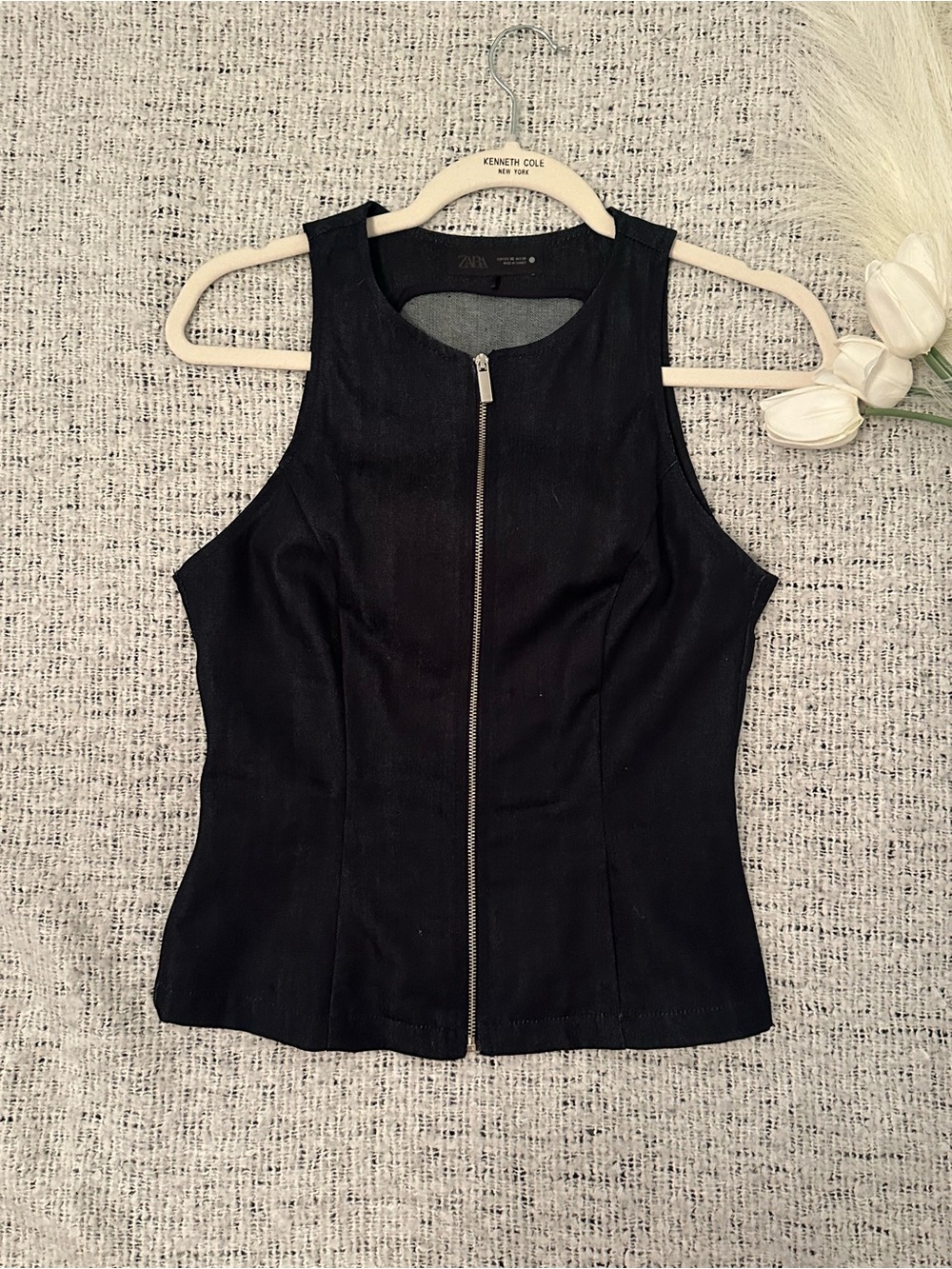Zara dark blue jean Front-Zip Fitted Tank